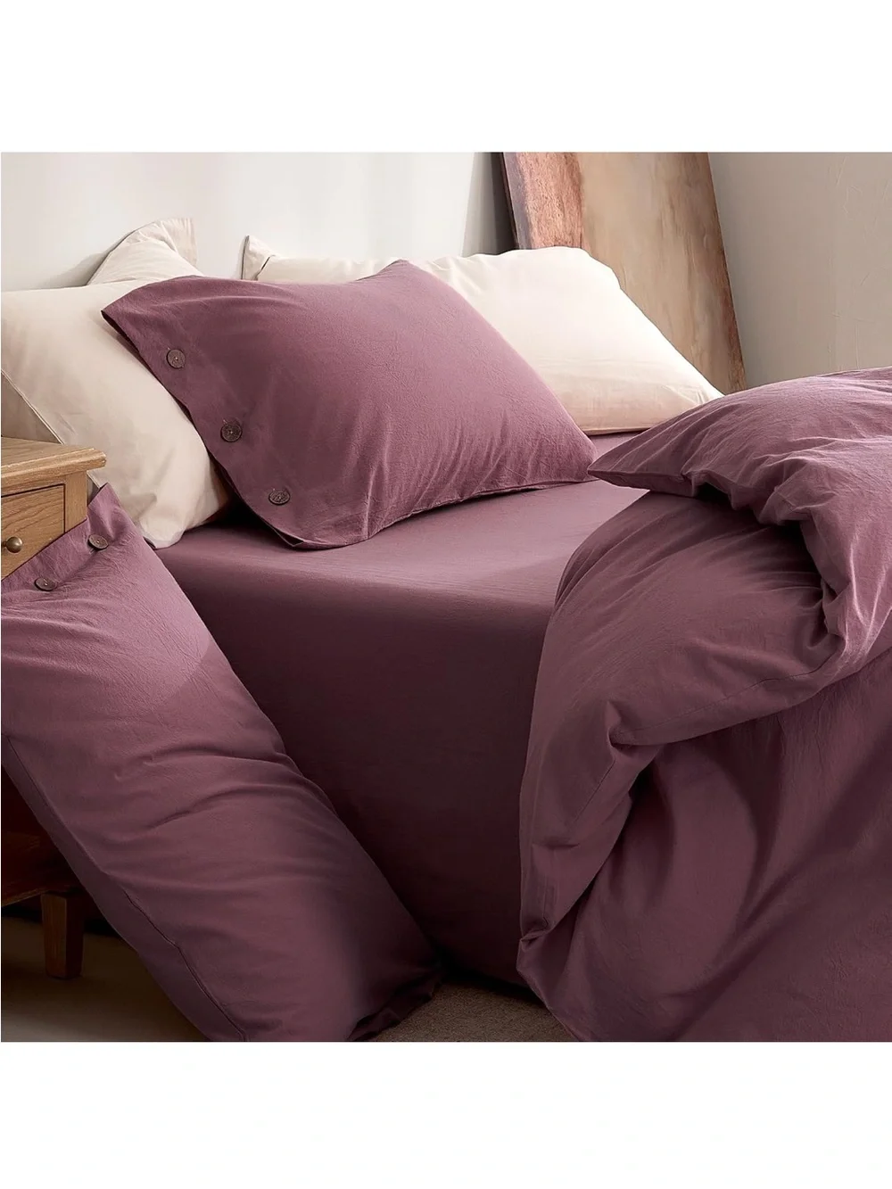 NEW JELLYMONI 100% Washed Cotton Deep Rose Duvet Cover Set, Linen-Like. Twin